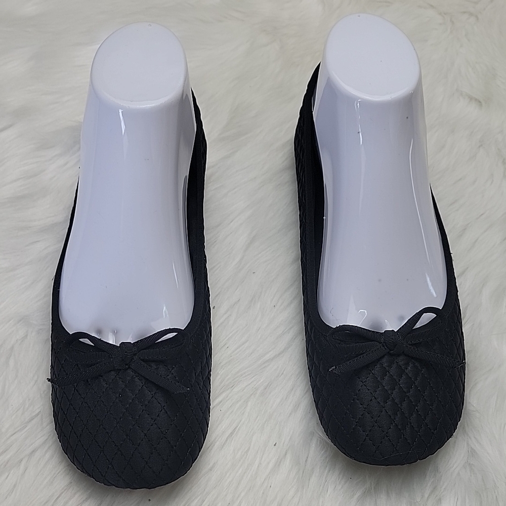 SAM & LIBBY KAYM Black Satin Silky Quilted Diamond‎ Pattern Bow Ballet Flats 8